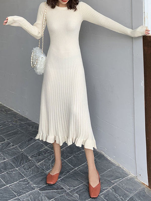 Ruffled Solid Color Long Sleeves Loose Round-Neck Sweater Dresses Midi Dresses