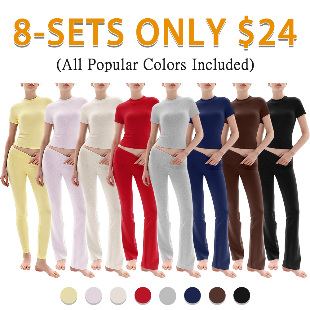 Women's Minimalist Short Sleeve & Fold-Over Flare Pants Lounge Set