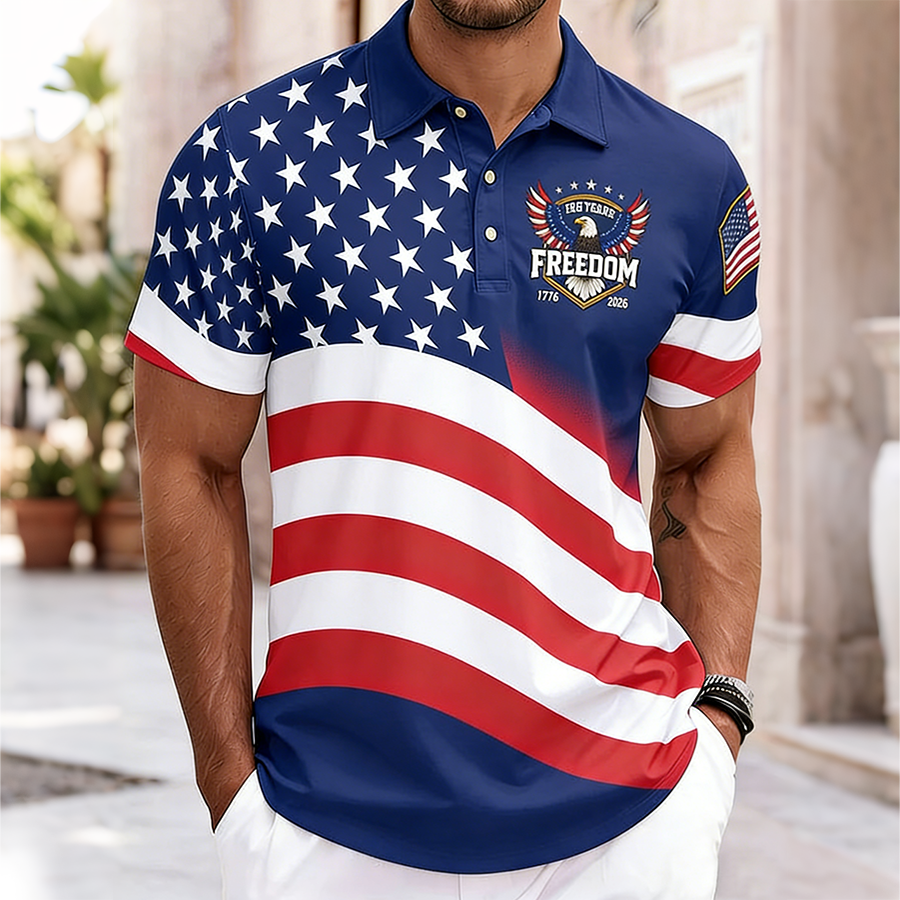 Men'S Casual American Flag Eagle Personalized Printed Short Sleeved Polo Shirt