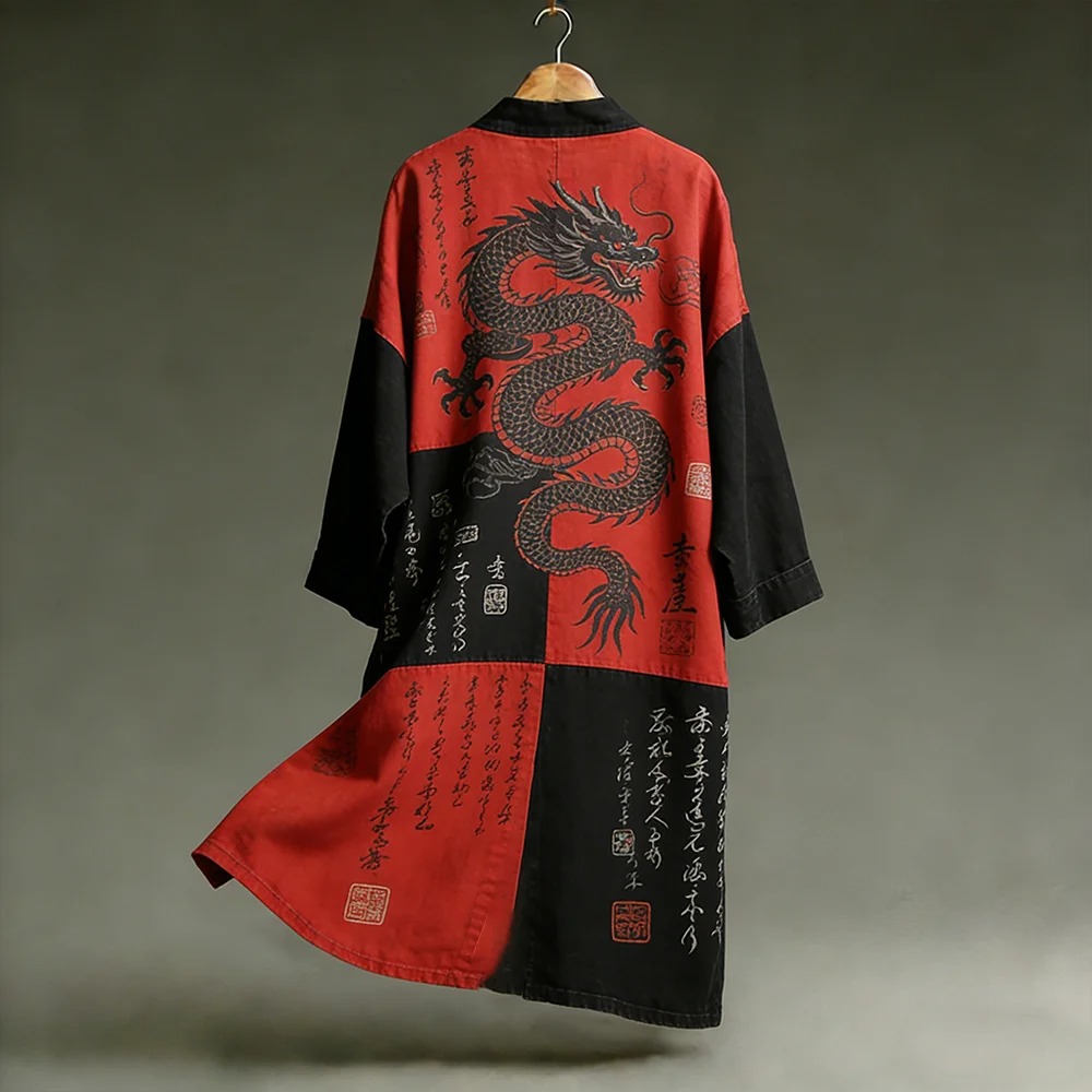 Men's Japanese Calligraphy And Dragon Print Linen Blended Kimono