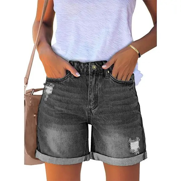 Women's Casual Distressed Denim Shorts – High-Waisted, Vintage-Wash, Cuffed Design