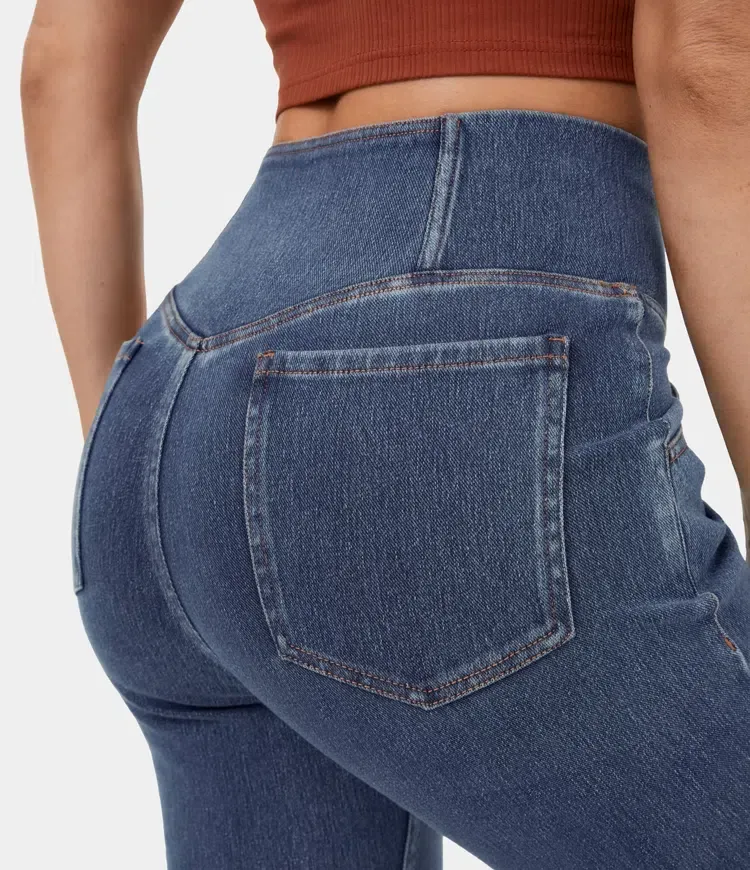 High Waisted Crossover Pocket Washed Stretchy Knit Denim Casual Super Flare Pants