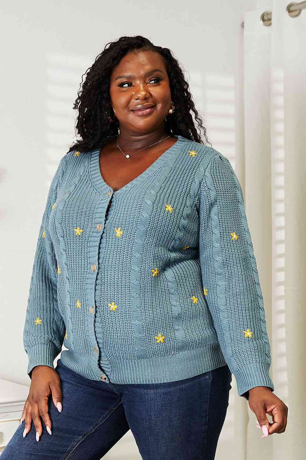 Full Size Floral Embroidered Cable Cardigan