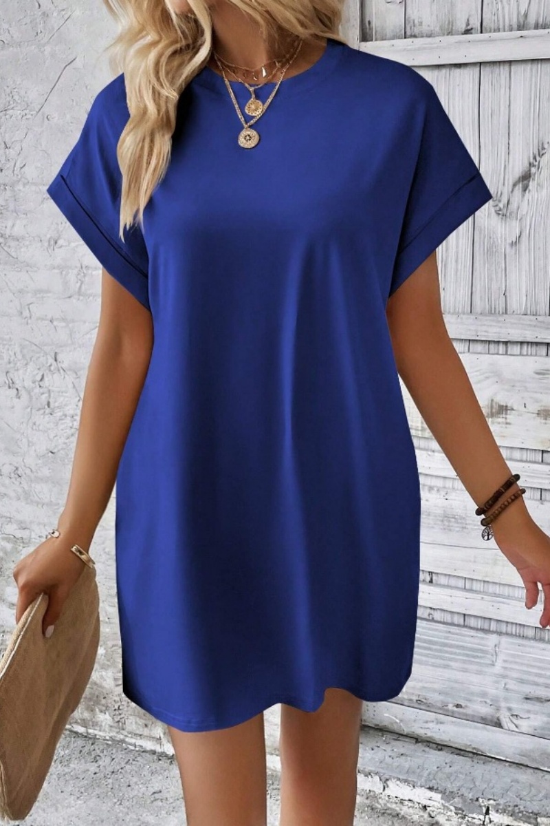 Casual Minimalist Round Neck Roll Up Sleeve Dress