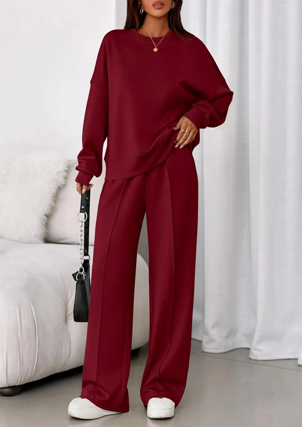 2 Piece Sets For Women Fall Trendy Long Sleeve Sweatshirt Wide Leg Pants Loungewear