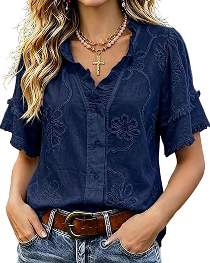 Women's Puff Sleeve Fringed Hem Blouse V Neck Button Regular Fit Casual Solid Spring Summer Top