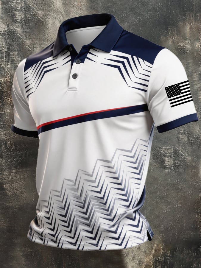 Men's Retro Patriotic Color-Block Short-Sleeve Polo Shirt
