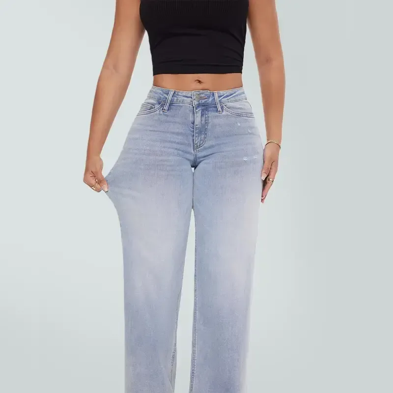 Mid-low Rise Baggy Jeans Stretchy Wide Leg for Women Distressed Pants