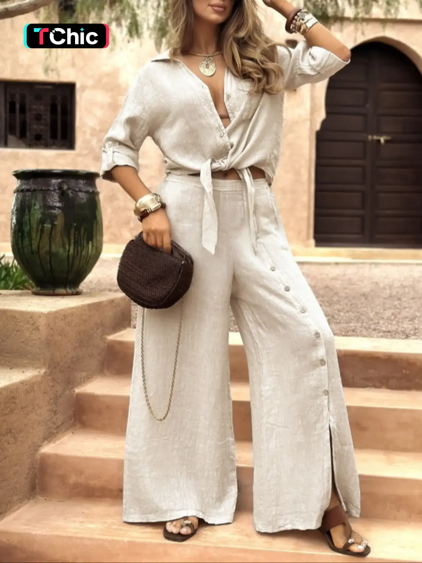 Women's Long Sleeve Loose Fit Shirt Set with Tie Hem