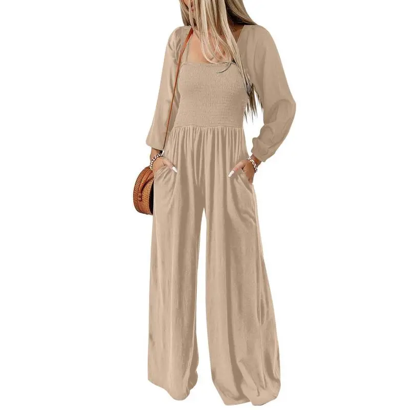 Women's Casual Loose Overalls Jumpsuits One Piece Long Sleeve Wide Leg Long Pant Rompers With Pockets