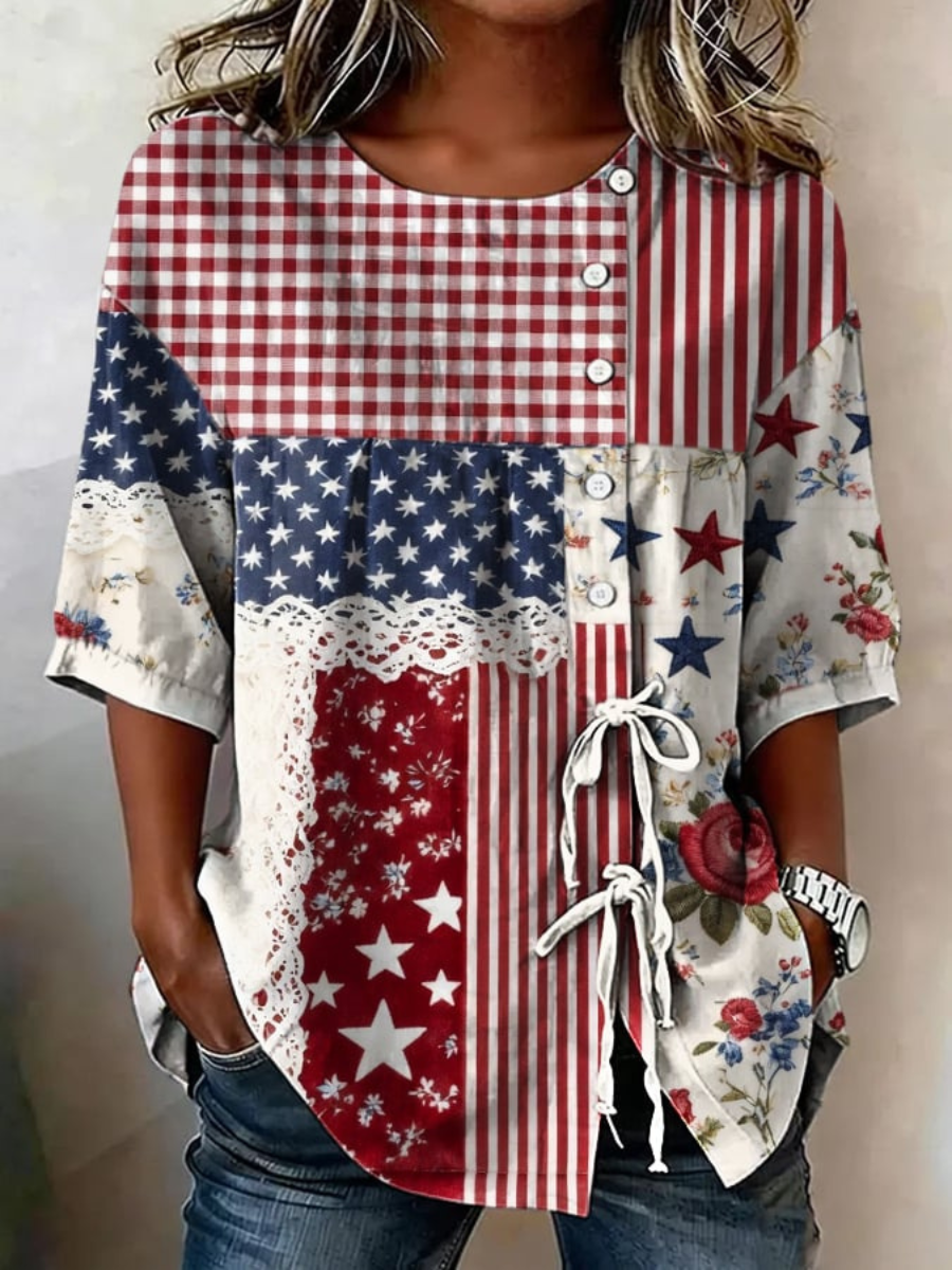 Women'S Casual Cotton-Linen Top With U.S. 250th Anniversary Print