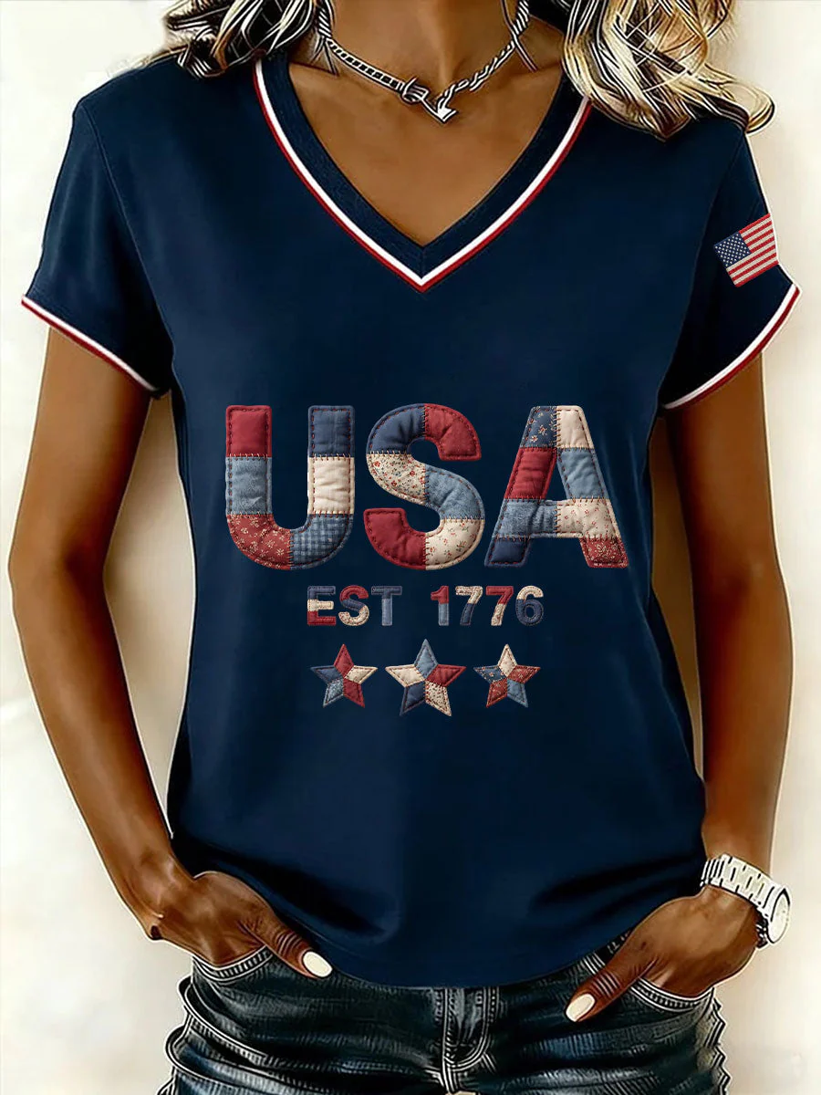 Vintage Patchwork USA EST 1776 Star Logo V-Neck T-Shirt