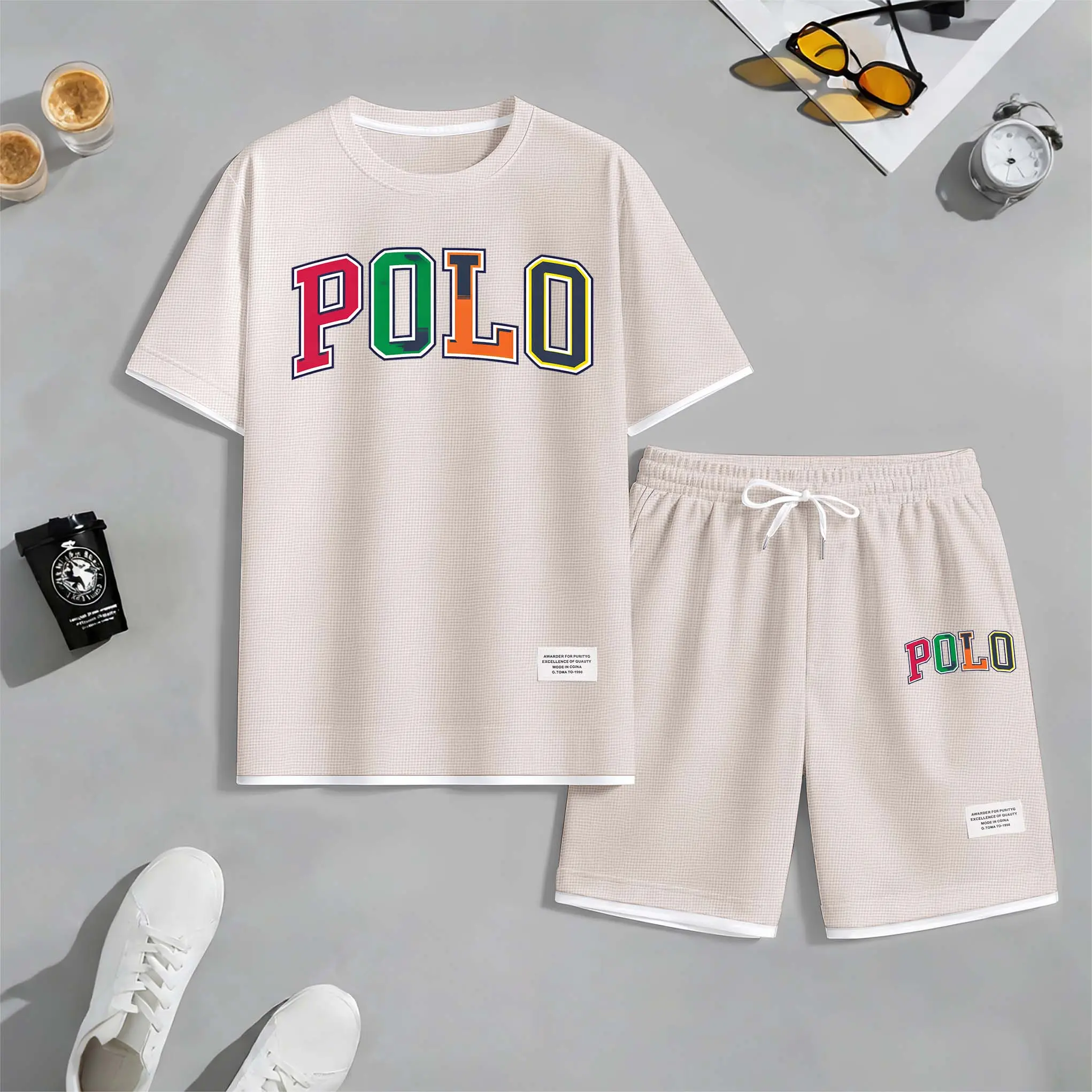 Men's Polo Print Drawstring Shorts Set For Spring/Summer