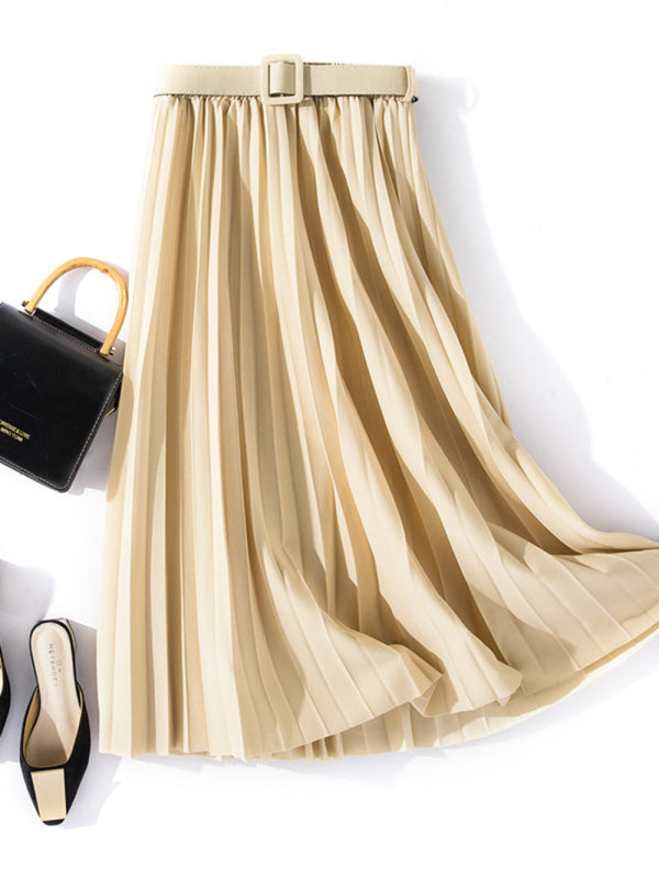 Pleated Skirt Mid-Length High Belt Versatile A-Line Skirt