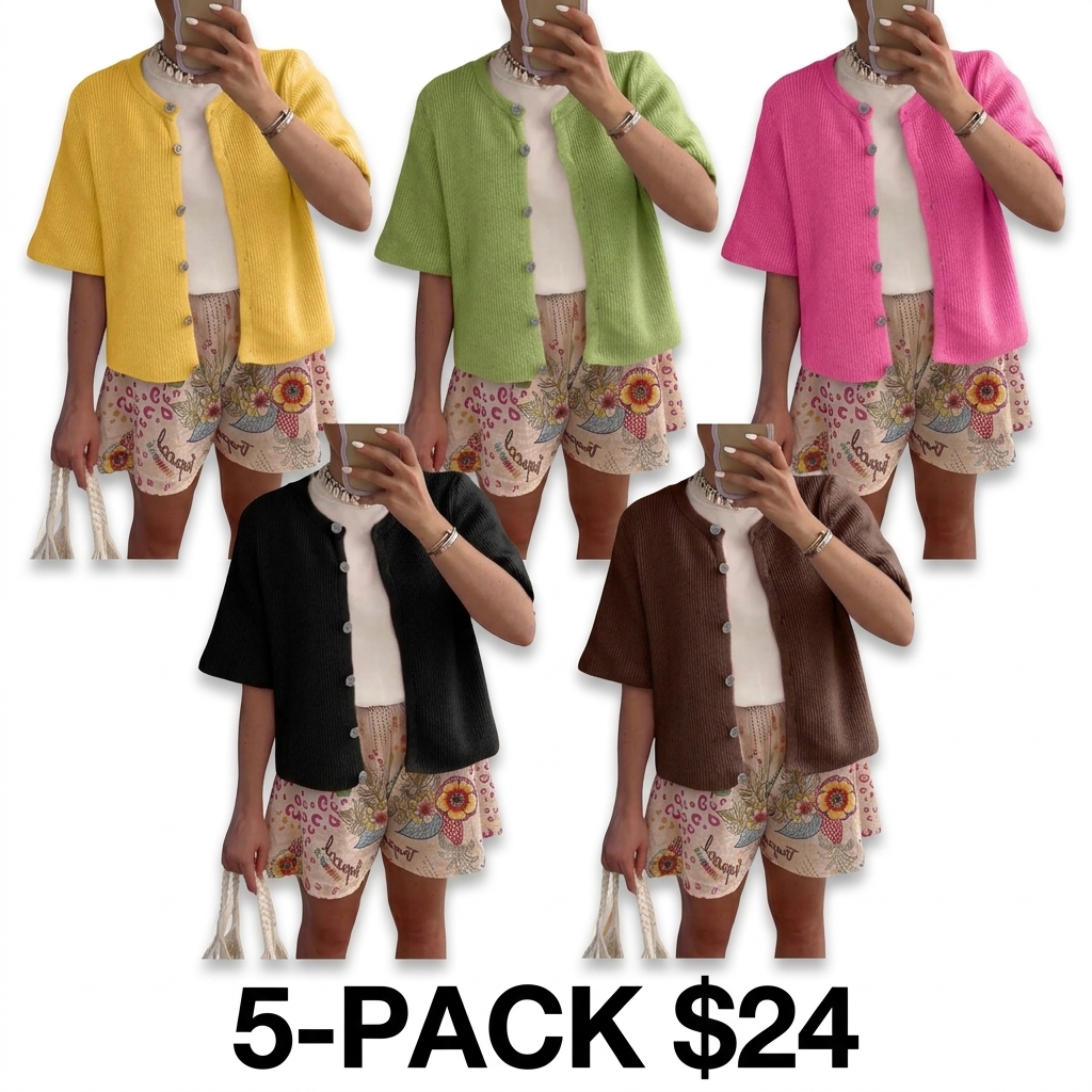 Women's Short Sleeve Ribbed Knit Cardigan – Lightweight Button Down Layering Top