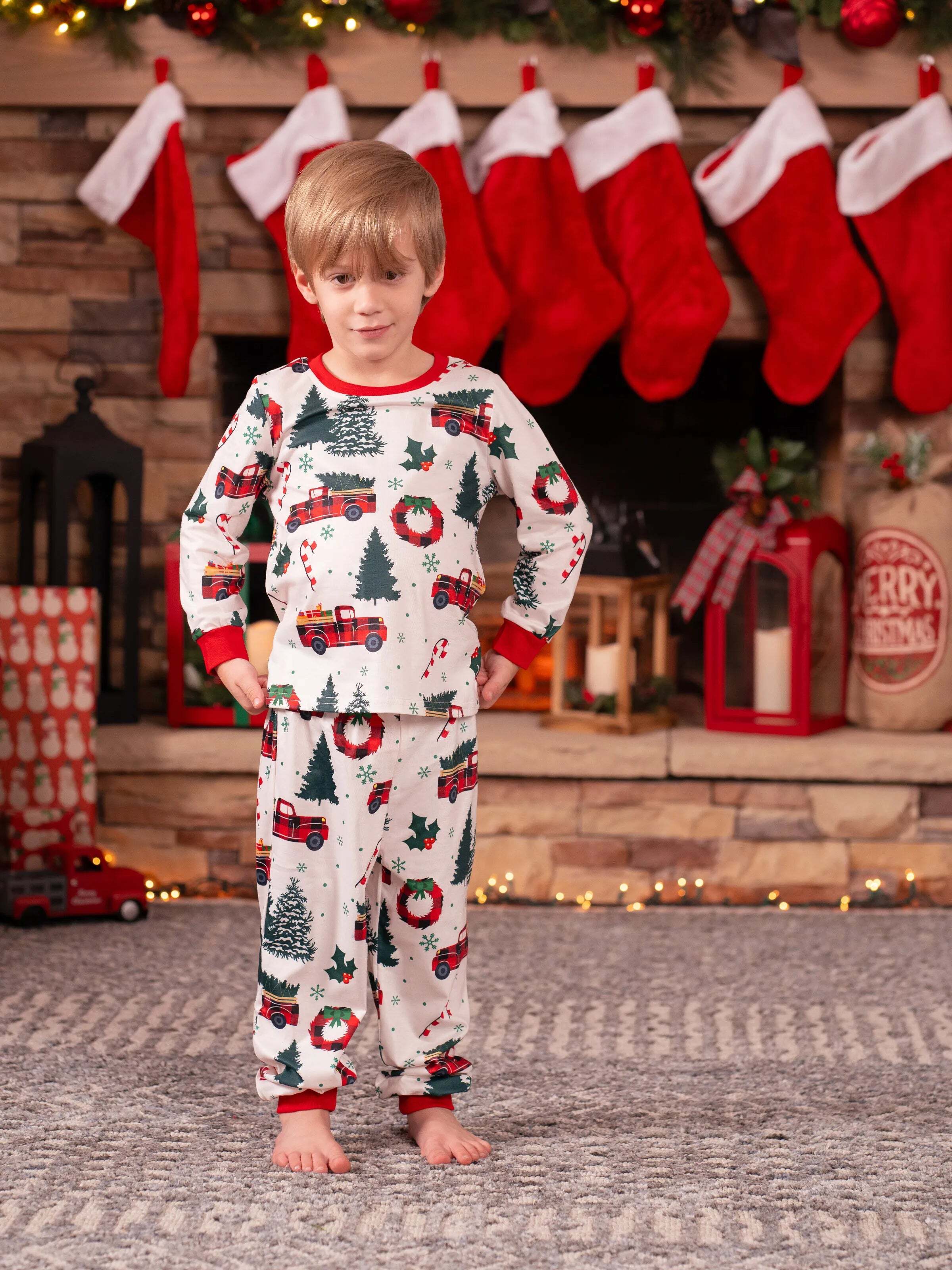 Christmas Family Matching Allover Xmas Tree & Car Print Long-sleeve Pajamas Sets with Christmas Socks Multi-color