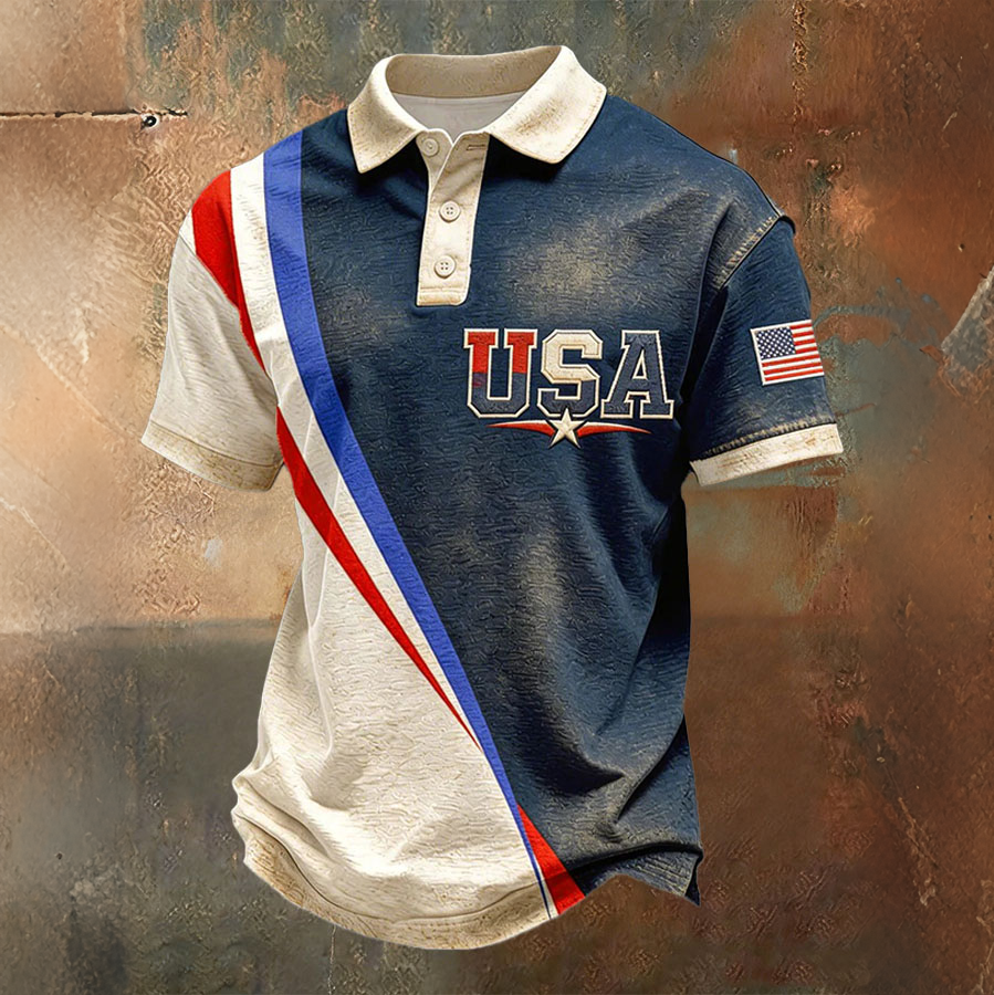Men's casual American Independence Day printed celebration short sleeved polo shirt