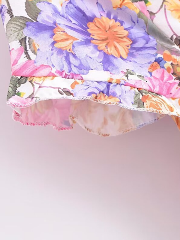 French Floral Chest Tie Waist Stitching A-Line Skirt Short-Sleeved Mini Dress