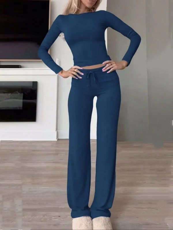Two-Piece Set Women's Solid Color Long Sleeve Crop Tee & High-Waisted Drawstring Pants Set