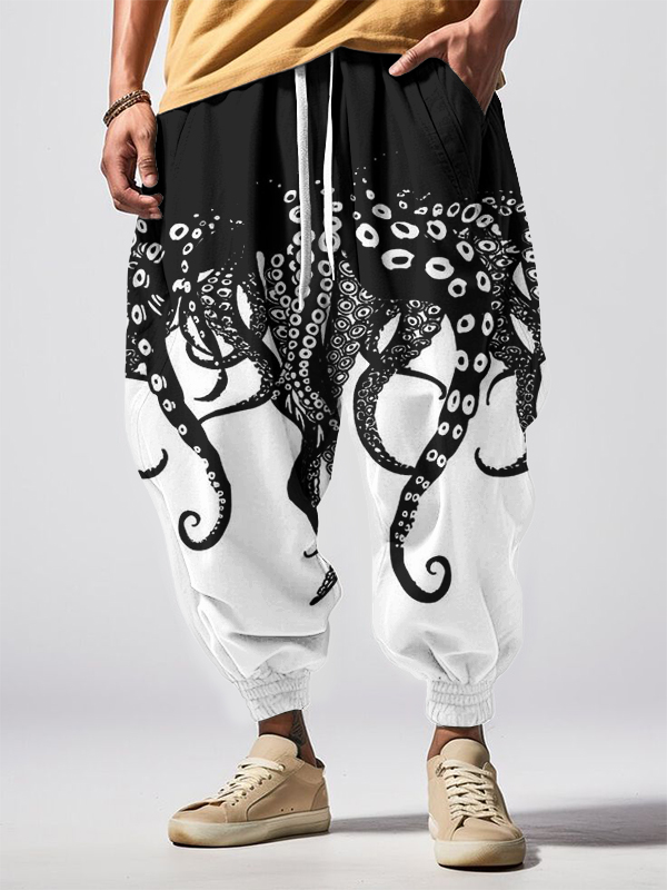 Men's Colorblock Fun Octopus Tentacles Print Loose Drawstring Waist Sweatpants