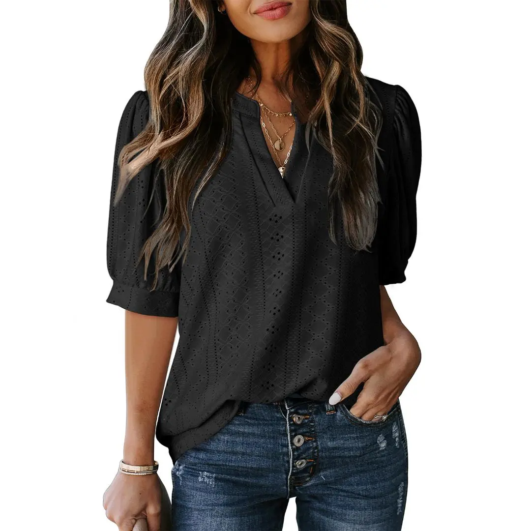 Women's Summer Business Casual Blouses V Neck Short Sleeve Shirts Hollow Out Cute Lace Tops Loose Fit Breathable Fabric