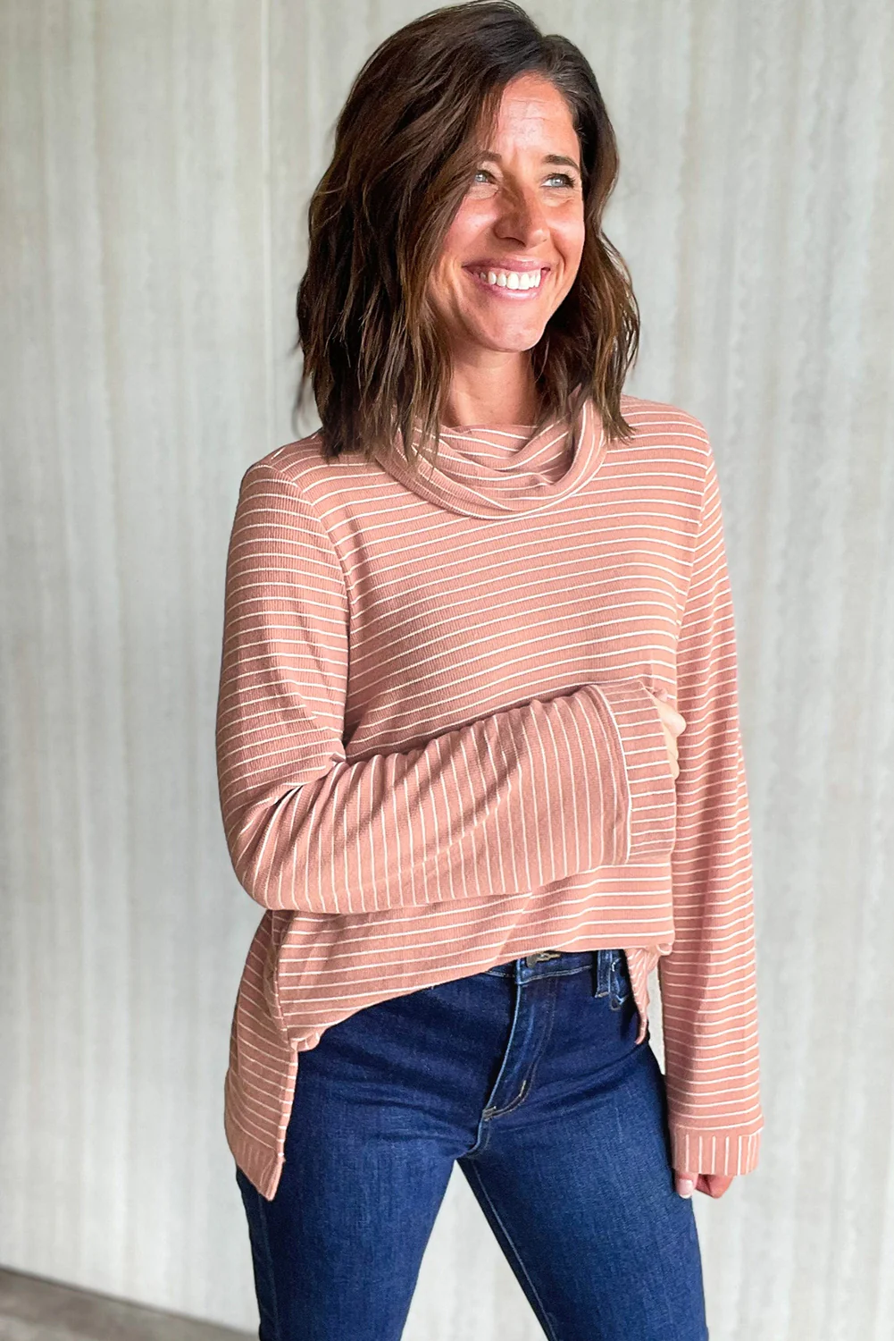 Stripe Cowl Neck Side Slits Loose Fit Long Sleeve Top