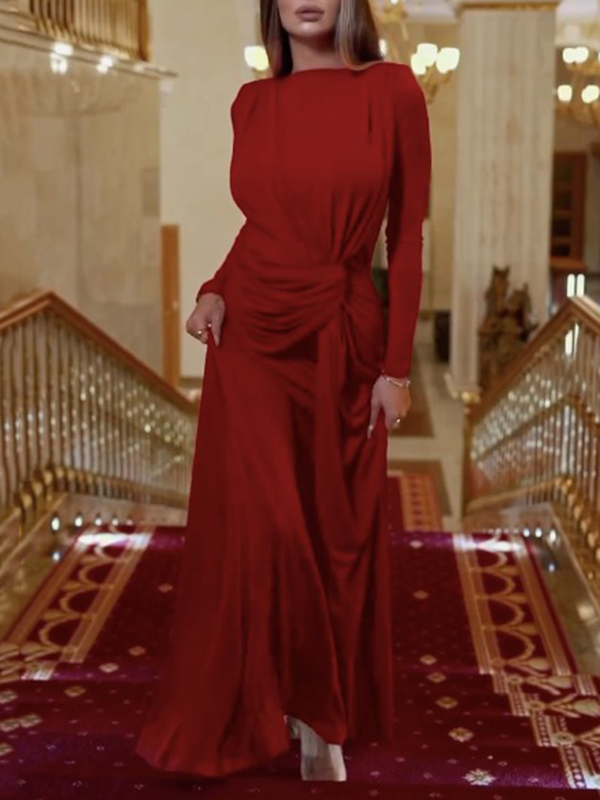 Solid Color Long Sleeves Mermaid Round-neck Maxi Dresses Evening Dresses