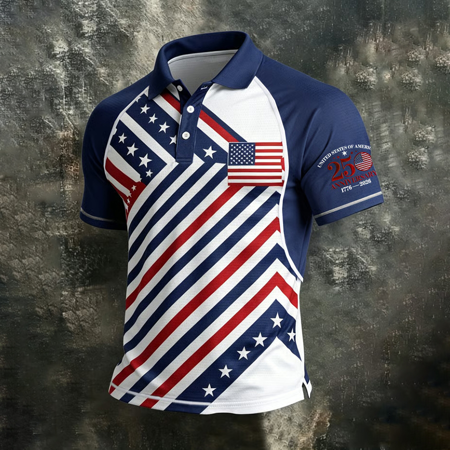 Men'S Retro American Founding Celebration Striped Raglan Polo Shirt