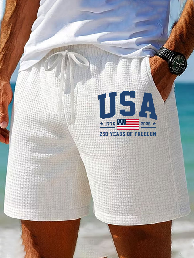 Men'S American Flag Printed Waffle Casual Shorts