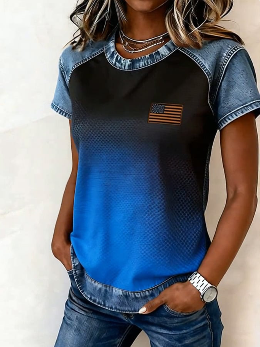 Women's Retro Casual Printed Patchwork Denim Top