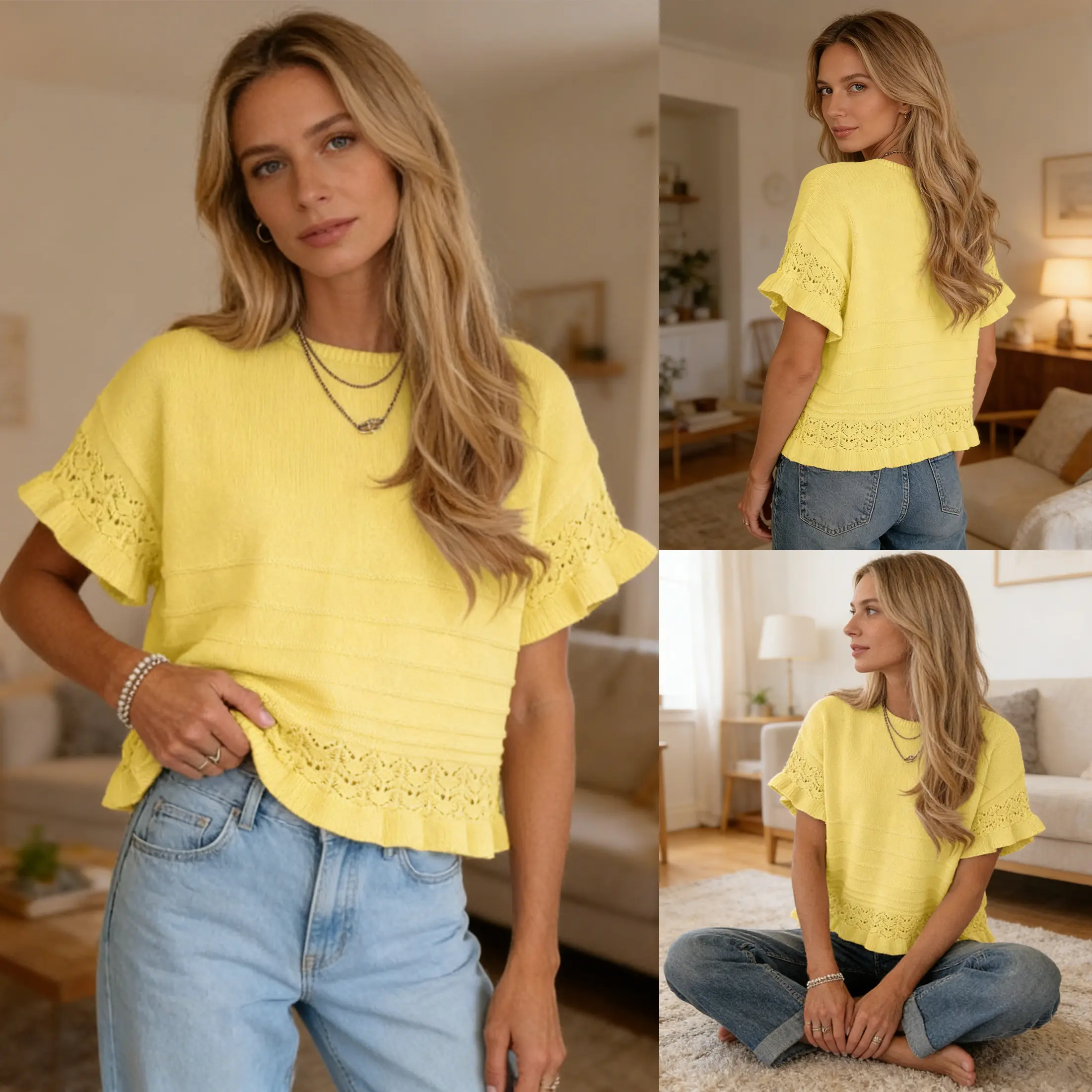 Womens Short Sleeve Sweater Round Neck Ruffled Hem Knit Crochet Pullover Casual Top Blouse Springfresh Summer Outfit Summervibes