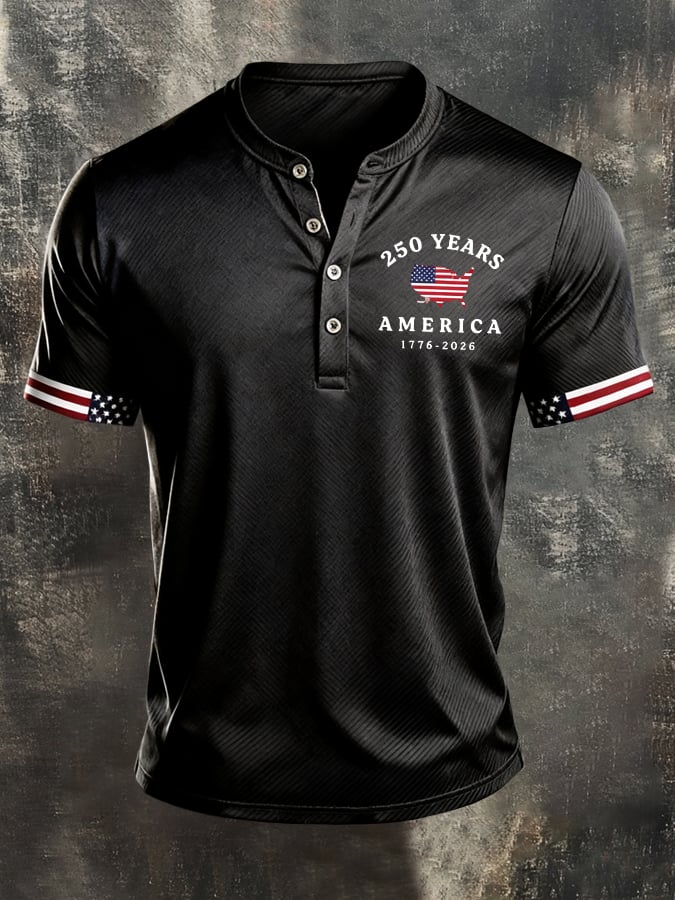 Men's Retro Patriotic Color-Block Short-Sleeve Henley Shirt