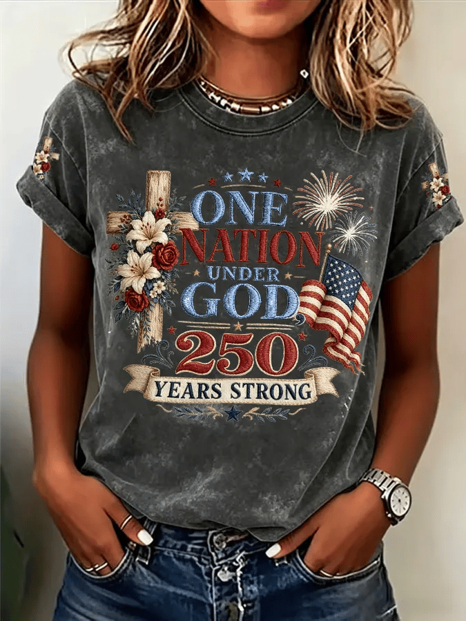 Women's One Nation Under God 250 Years Strong Print Casual T-shirt