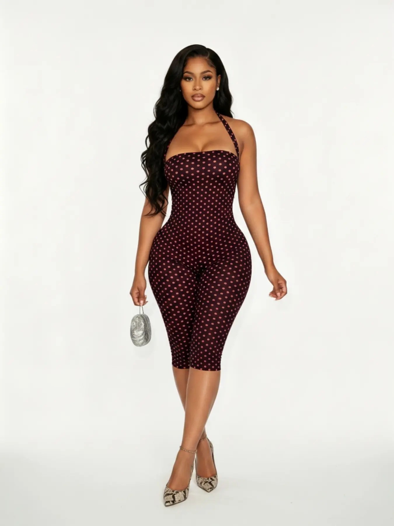 Women's Polka Dot Sleeveless Halter Bodycon Fit Long Pants, Elegant Retro Chic Style