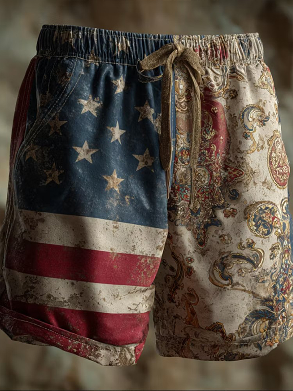 Men's Vintage Distressed American Flag Print Casual Shorts