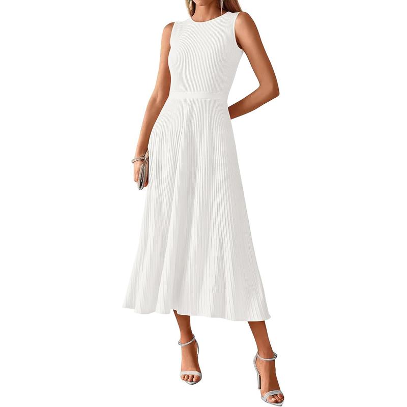 Women's Midi Bodycon Tank Dress Summer Crewneck Rib Knit Sleeveless Pleated Swing A Line Business Casual Dresses