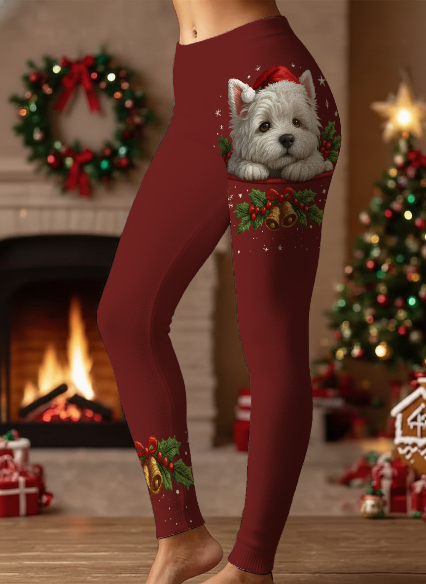 Women's Christmas Cute Santa Hat Dog Art Print Leggings