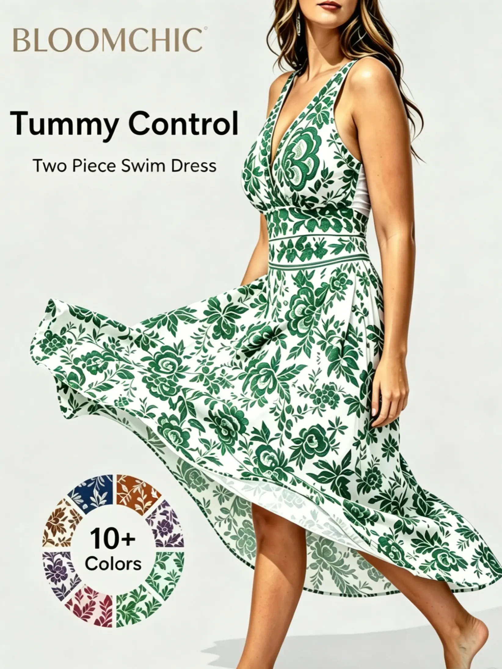 BlOOMCHIC Mid-Plus Size Two-Piece Floral Print Full Coverage Ruched Mesh Swimsuit