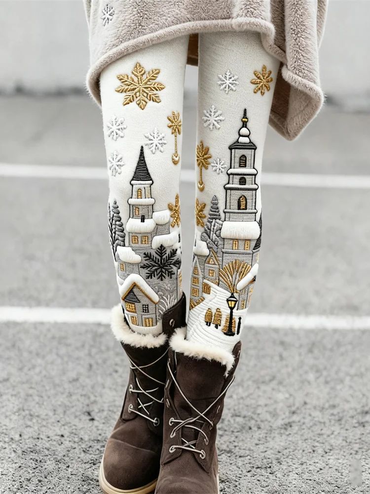 Women's Christmas Snowy Town Print Leggings