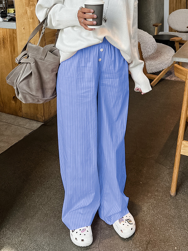 Buttoned Elasticity Split-Joint Striped Loose Wide Leg Trousers Pants