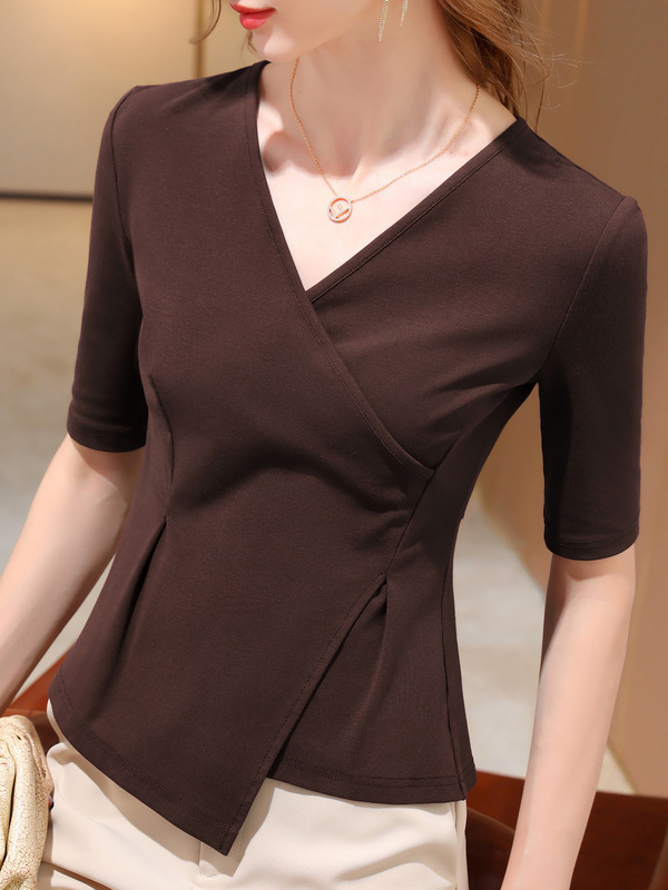 Asymmetric Solid Color Half Sleeves Skinny V-Neck T-Shirts Tops