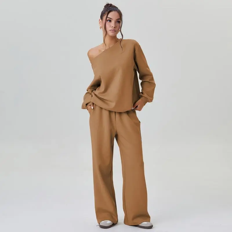 Women's Leisure Solid Color Sloping Shoulder Long Sleeve Top & Wide Leg Trousers Co-ord