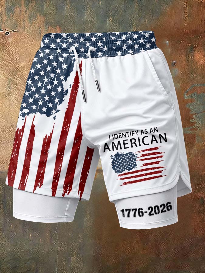 Men'S Independence Day Founding Celebration Printed Pattern Slim Fit Double Layer Sports Elastic Belt Quick Drying Breathable Shorts
