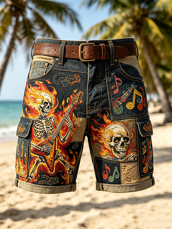 Men's Punk Rock Skeleton Playing Guitar Flame Print Cargo Shorts
