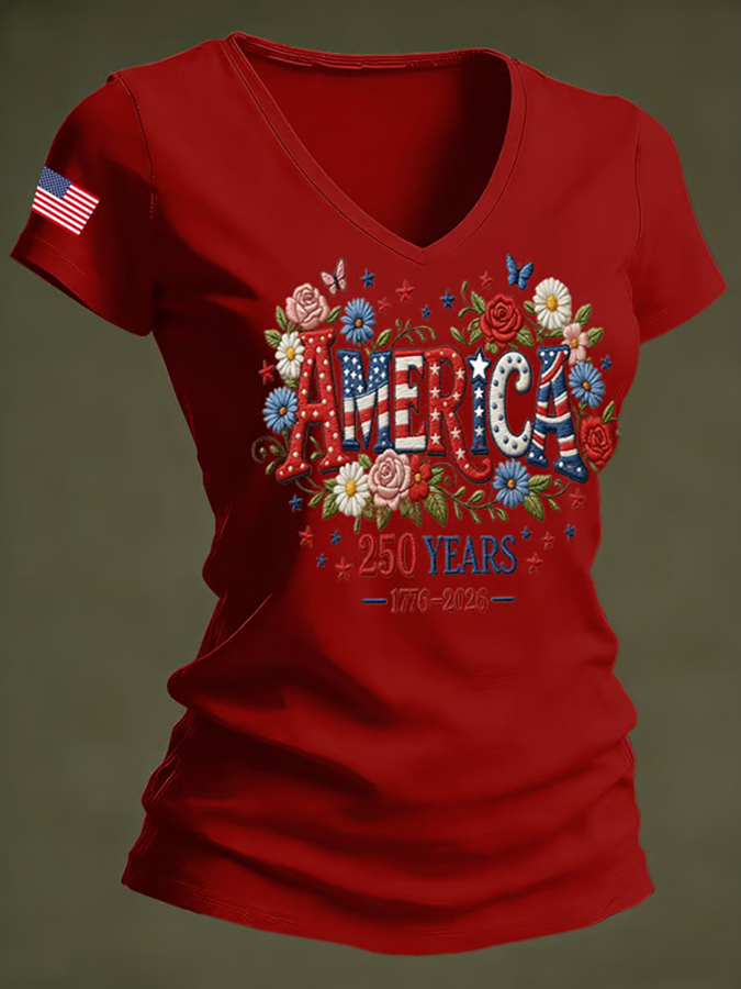 Ladies' Casual US National Day Embroidered Floral Print V-Neck Short Sleeved T-Shirt