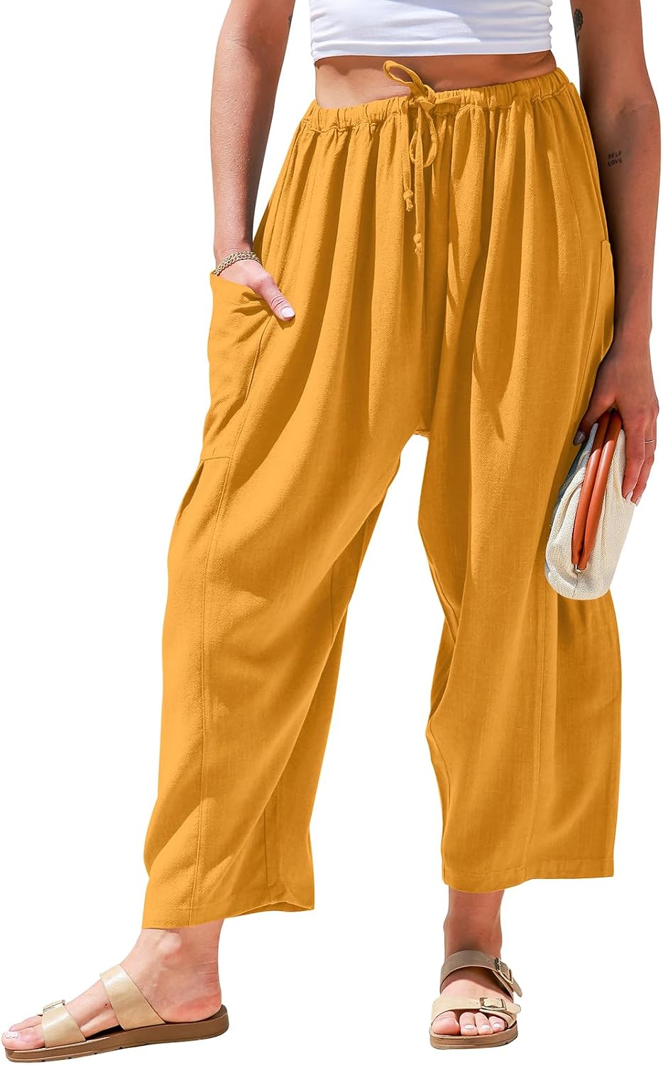 Womens Linen Wide Leg Pants Casual Loose Drawstring Summer Beach Travel Vacation Palazzo Harem Pants with Pockets
