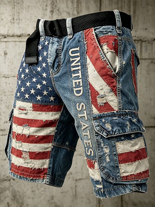 Men's United States Flag Art Print Denim-Like Casual Shorts