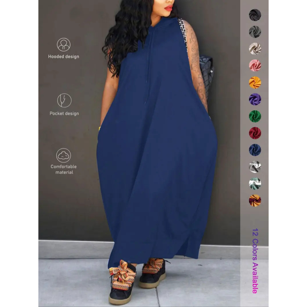 Women's Plain Drawstring Hooded Tank Dress, Casual Basic Pocket Sleeveless Dress