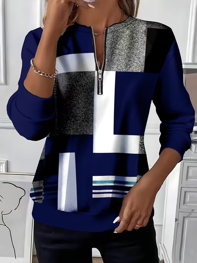 Women's Abstract Print Casual Zipper Long Sleeve Sweatshirt