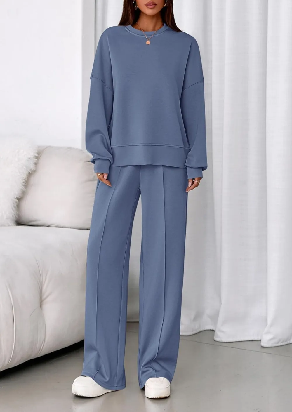 2 Piece Sets For Women Fall Trendy Long Sleeve Sweatshirt Wide Leg Pants Loungewear